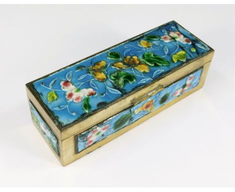 STAMPS BOX. A large Chinese brass &amp; enamel, triple compartment stamps box. 14 x 11cm.