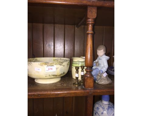 DOULTON JUG, DOULTON BOWL, NAO FIGURE AND MINIATURE BRASS CANDLESTICKS