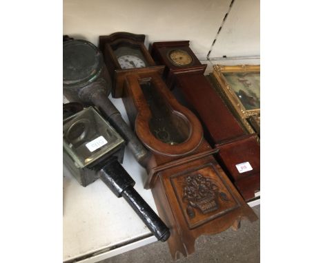 TWO SMALL SCALE LONGCASE CLOCKS AND TWO COACHING LAMPS