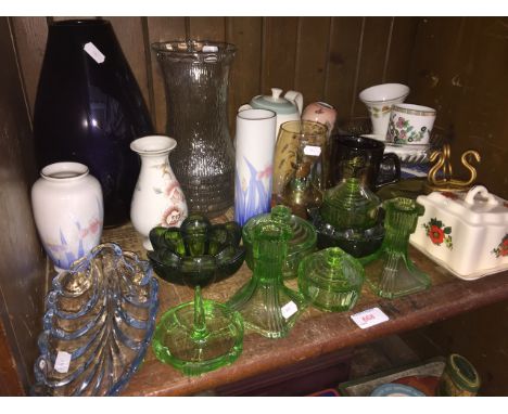 SHELF OF GLASS AND POTTERY ETC.