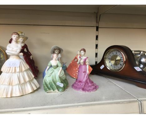 MANTEL CLOCK AND SIX FIGURESCONDITION: MARKS TO BASES AS PICTURED, MAINLY COALPORT.  CHIP TO MARGARET AS PICTURED (TALLEST FI
