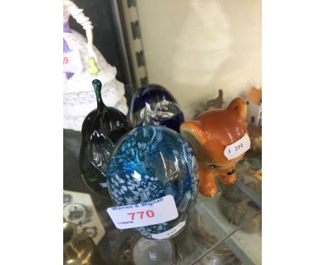 THREE GLASS PAPERWEIGHTS AND A GOEBEL DOG    C