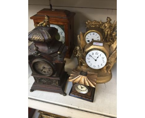 FOUR METAL AND ONE WOODEN MANTEL CLOCKS