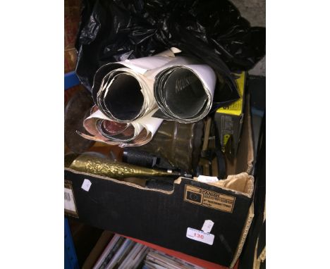 BOX INC. GLASS VASE, BINOCULARS, CAMERA, POSTERS