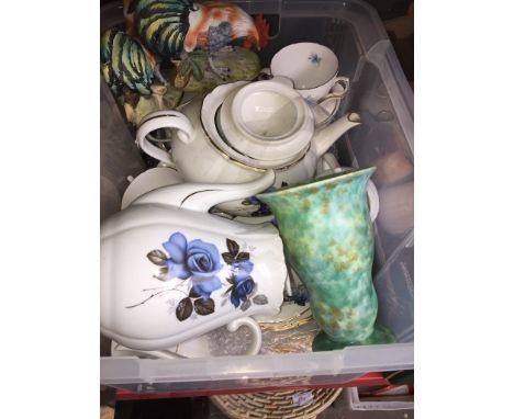 BOX OF POTTERY, TEA & COFFEE POTS, CUPS & SAUCERS
