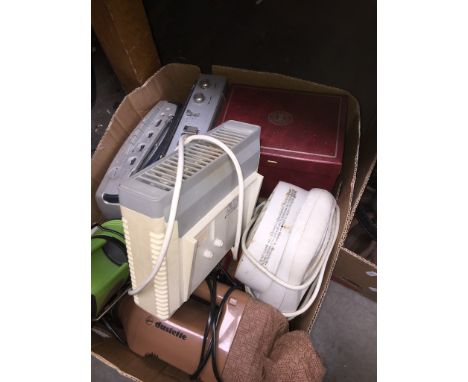 BOX OF ELECTRICAL ITEMS; RADIOS, HEATERS, CAMPING LAMP