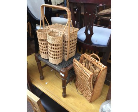 A STOOL AND WICKER BASKETS ETC