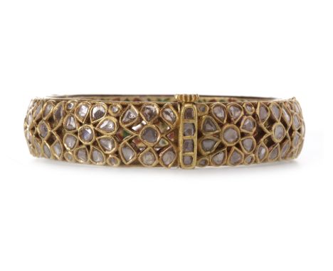 ORNATE DIAMOND AND ENAMEL BANGLE
set with flat diamonds of various shapes and sizes, 14.5mm wide, with enamelled detail to th
