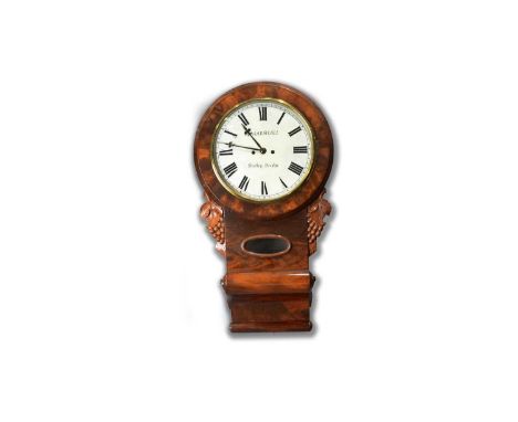 R. Marshall, Shotley Bridge: a Victorian mahogany drop dial wall clock, the painted roman dial with two train fusee movement 