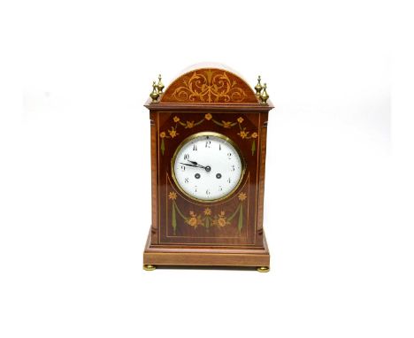Marti Et Cie: an early 20th Century inlaid mahogany mantel clock, with enamelled arabic dial, two train French drum movement 