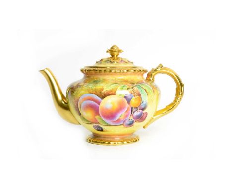 A Modern Royal Worcester fruit painted teapot and cover, decorated by D.Fuller with peaches, cherries, blackberries and apple