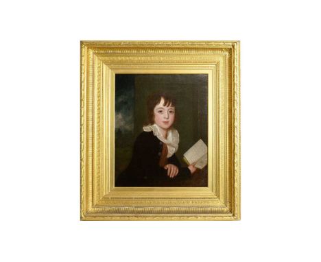 Early 19th Century English School Portrait of a Young Boy Holding a Book; wearing skeleton suit and flounced collar,oil on ca