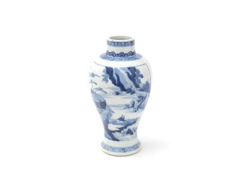 A Chinese blue and white baluster vase, 18th/19th Century, decorated with panels of antiques and inscription, and a figure in