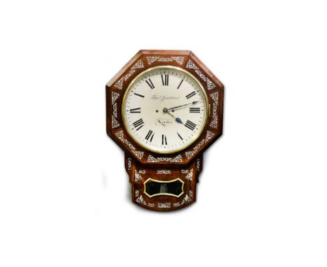 Thos Goddard, London: a 19th Century rosewood and mother-of-pearl inlaid drop dial wall clock, the circular painted roman dia