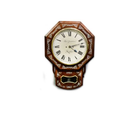 Thos Goddard, London: a 19th Century rosewood and mother-of-pearl inlaid drop dial wall clock, the circular painted roman dia