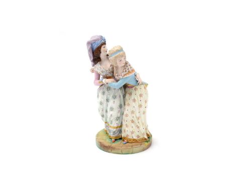 A late 19th Century French bisque porcelain figural group of two startled maidens in medieval costume, circular base, 27.5cms