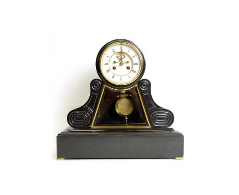 S. Marti & Cie: a 19th Century French black slate mantel clock, the enamelled roman dial with visible brocot escapement, two 