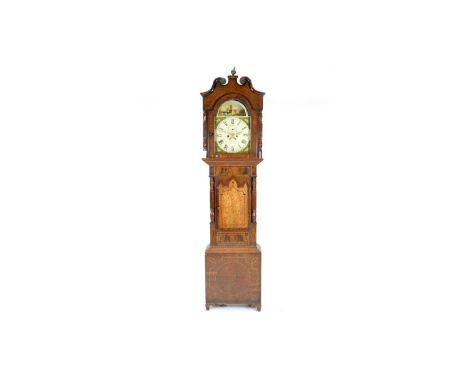 Matthews, Oswestry: a Victorian inlaid oak and mahogany banded longcase clock, with painted roman dial, subsidiary seconds di