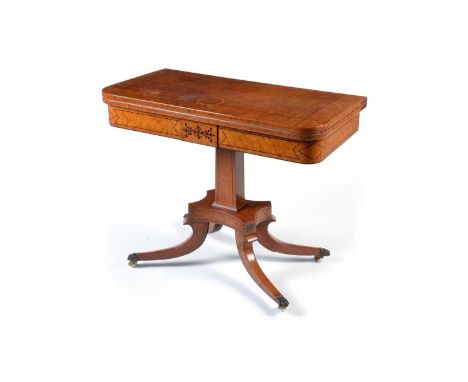 A mid 19th Century burr maple and ebony strung card table, the D-shaped folding swivel top opening to reveal a baize-lined pl