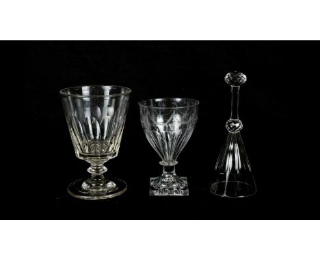 An early 19th Century rummer with 'lemon squeezer' base, moulded panel sides with etched swags, 13.5cms; a heavy rummer circa