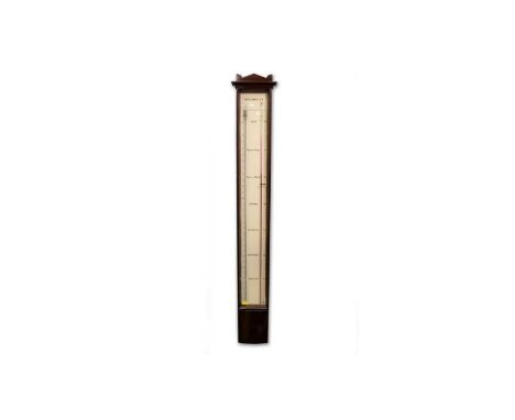 A 20th Century Danish mahogany barometer, with two glass tubes and bowfront reservoir cover, with label for 'Jaeger Optic Cop