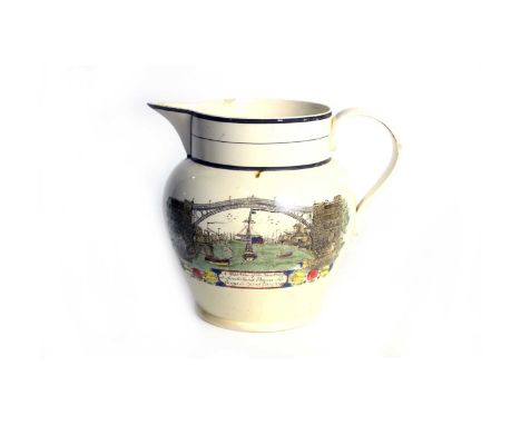 A Dawson Low Ford Pottery creamware jug, circa 1800, printed with a west view of the Iron Bridge over the Wear at Sunderland 