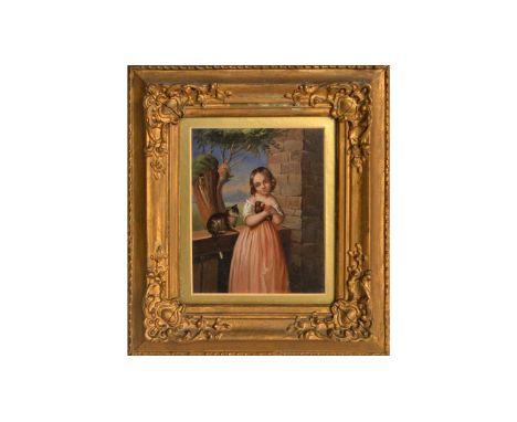 19th Century British SchoolPortrait of a Young Girl Holding a Bird from a Cat,oil on board,12.5 x 10cms, framed.