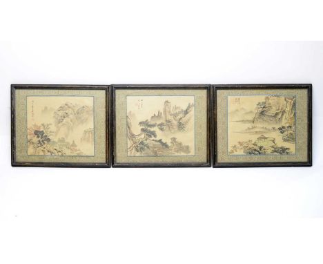 Three early 20th Century Chinese watercolours, each depicting a pagoda in mountainous landscape, inscribed and signed, seal m