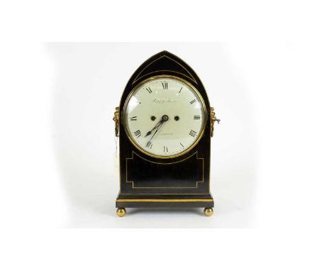 Hedge &amp; Banister, Colchester: a late Georgian ebonised bracket clock, with painted roman dial, with twin fusee movement, 