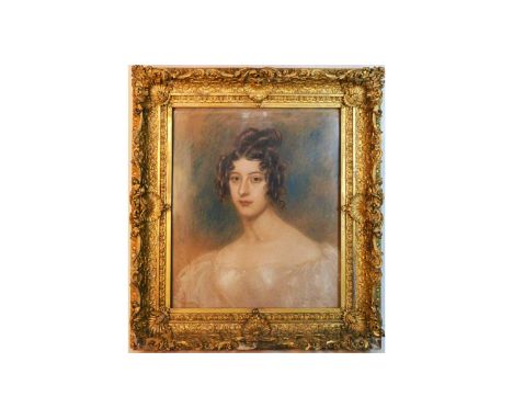 Early 19th Century English SchoolPortrait of an 1830s lady with loose Biedermeier coiffeur,pastel,62 x 52cms, framed.