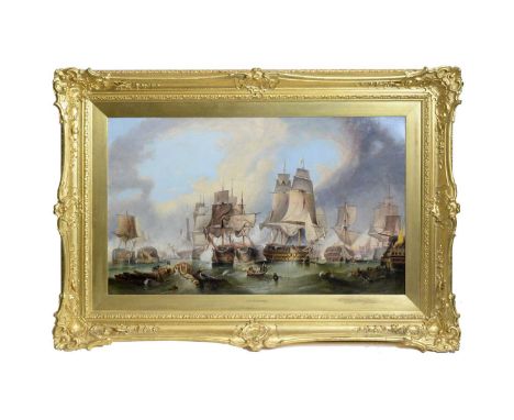John Wilson Carmichael(1800-1868)"Battle of Trafalgar",oil on canvas,54 x 89.5cms, framed.Provenance: Loaned to the Laing Art