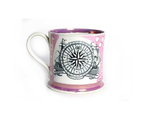A  John Patton Newcastle lustre mug,  printed with 'Mariners Compass', inscribed 'JP Newcastle &amp; North Shields', the reve