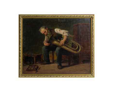 J* Wait Clark(South Shields, fl.1880-1900)The Musicians Workshop; sensitive portrait of a gentleman restoring a tuba,signed,o
