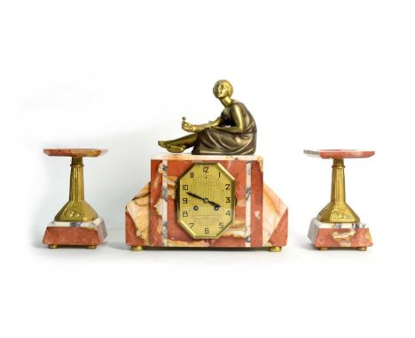 F. Marti: an Art Deco marble and gilt metal clock garniture, the clock with gilt arabic dial, bearing retailer's mark of 'H. 