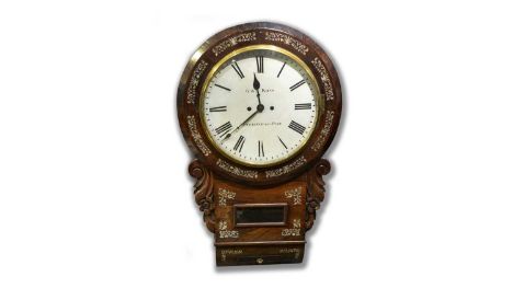 G & A Kuss, Newcastle upon Tyne: a Victorian rosewood and mother-of-pearl inlaid drop dial wall clock, with painted roman dia
