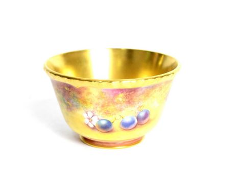 A modern fruit-painted Royal Worcester sugar bowl by P English, decorated with peach, apple grapes and cherries, signed, prin