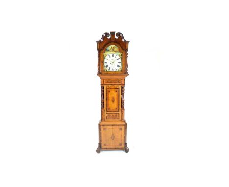 Davies, Abergele: an ornate Welsh Victorian inlaid oak, mahogany and satinwood banded longcase clock, with painted roman dial