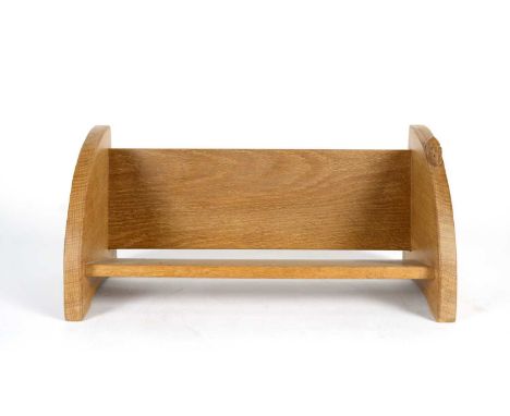 Workshop of Robert ‘Mouseman’ Thompson (Kilburn): an oak book trough, with carved mouse trademark, 45.5 x 21 x 20cms high.