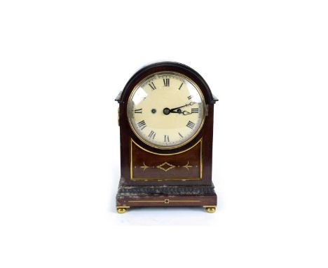 A Victorian mahogany and brass inlaid mantel clock, with painted roman dial, twin fusee movement striking on a gong, pierced 