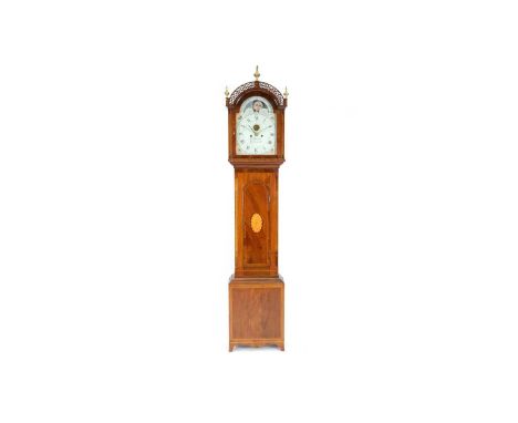 B. Mitchell, Cockermouth: an inlaid mahogany longcase clock, the painted roman dial with foliate spandrels centred with brass