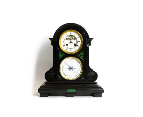 A 19th Century black slate and marble mantel clock and barometer, the upper clock with enamelled roman dial and visible broco