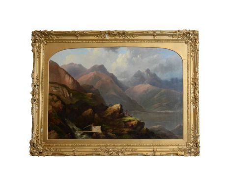 Edward Train (fl. 1850 - 1880)The Splendor of the Scottish Highlands; large scale panoramic view, with kilt-clad figures to t