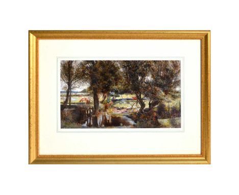 William Davis (1812–1873)"Pool at Moreton"; pastoral scene with young boy seated beside a pondsigned,oil on board,17 x 30cms,