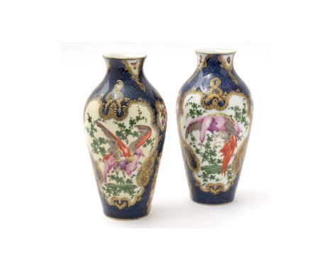 A pair of late 19th French ovoid vases in first-period Worcester style, probably Samson, decorated with mirror-shaped panels 