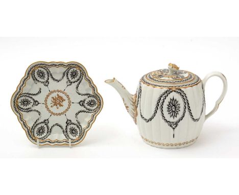 A late 18th Century Worcester teapot, of fluted barrel shape with black pendant swags, the cover with flower and leaf finial,