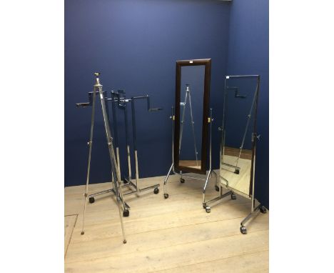 Metal shop clothes stand, 2 cheval style clothes mirrors & tripod stand  (Provenance: Pakeman's Gents Outfitters Shop, former
