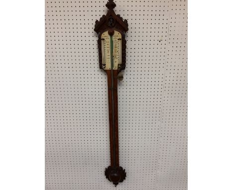 Antique carved oak stick barometer, J. S. MARRATT, London Bridge, 104cmL