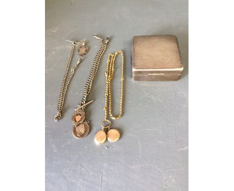George V silver cigarette box, silver chain & 2 further chains