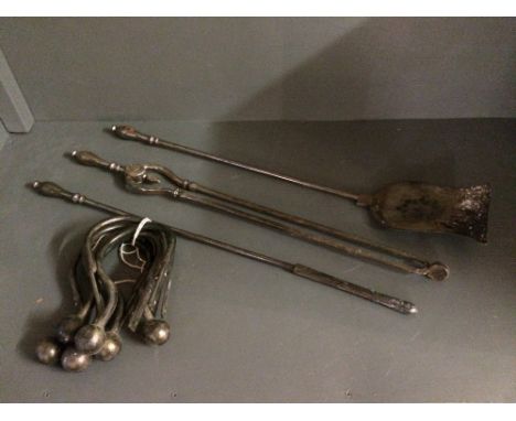 Set of 3 steel fire irons & 6 steel tie backs