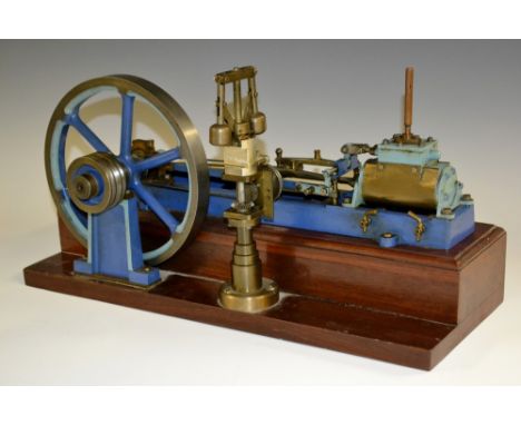 A scratch built stationary horizontal model steam mill beam engine, blue painted fly wheel and body, turquoise cylinder, bras